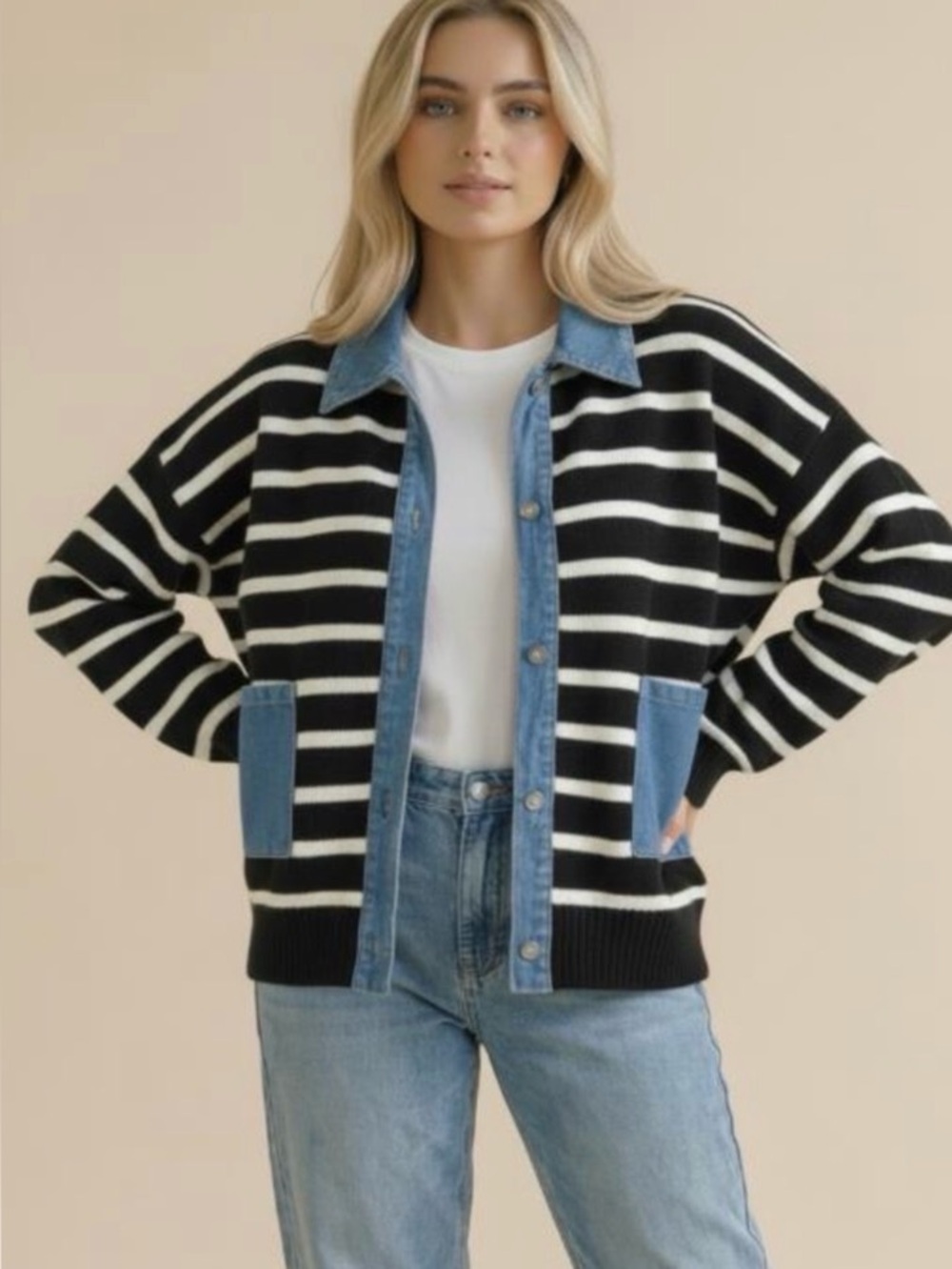 Black denim trim pocket stripe color block knit boho button cardigan jacket top